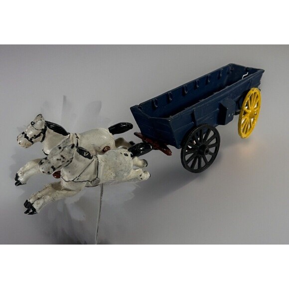 Vintage -Die cast Horse Drawn Cart -Blue Hay Wagon and White Horse Team - Picture 2 of 4
